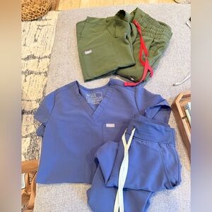 Figs Navy and Olive Green Scrub Sets with Contrasting Drawstrings